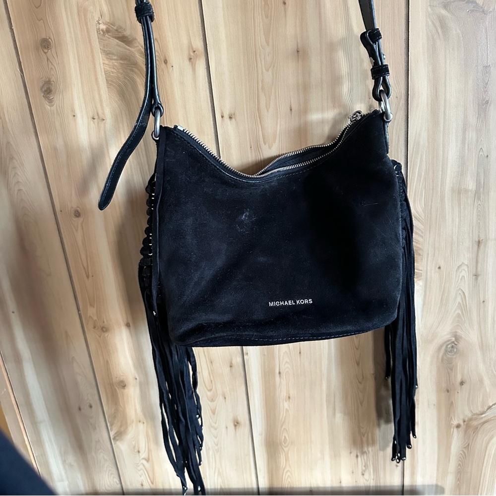 Michael Kors Black Fringe Shoulder Bag, Suede front back tassels and strap